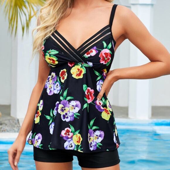 Spaghetti Strap Pansy Print Swimwear Top - Picture 1 of 10